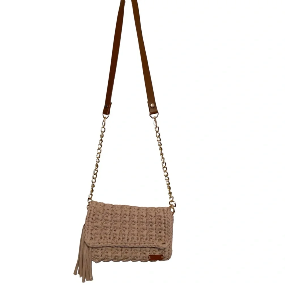 Tamille Crochet Bag Womens Purse Woven Gold Chain Leather Shoulder Strap Beige